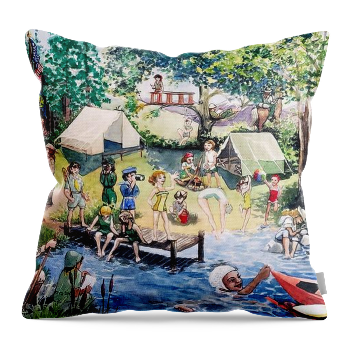 Girls Throw Pillow featuring the painting A century plus of outdoor fun for girls by Merana Cadorette