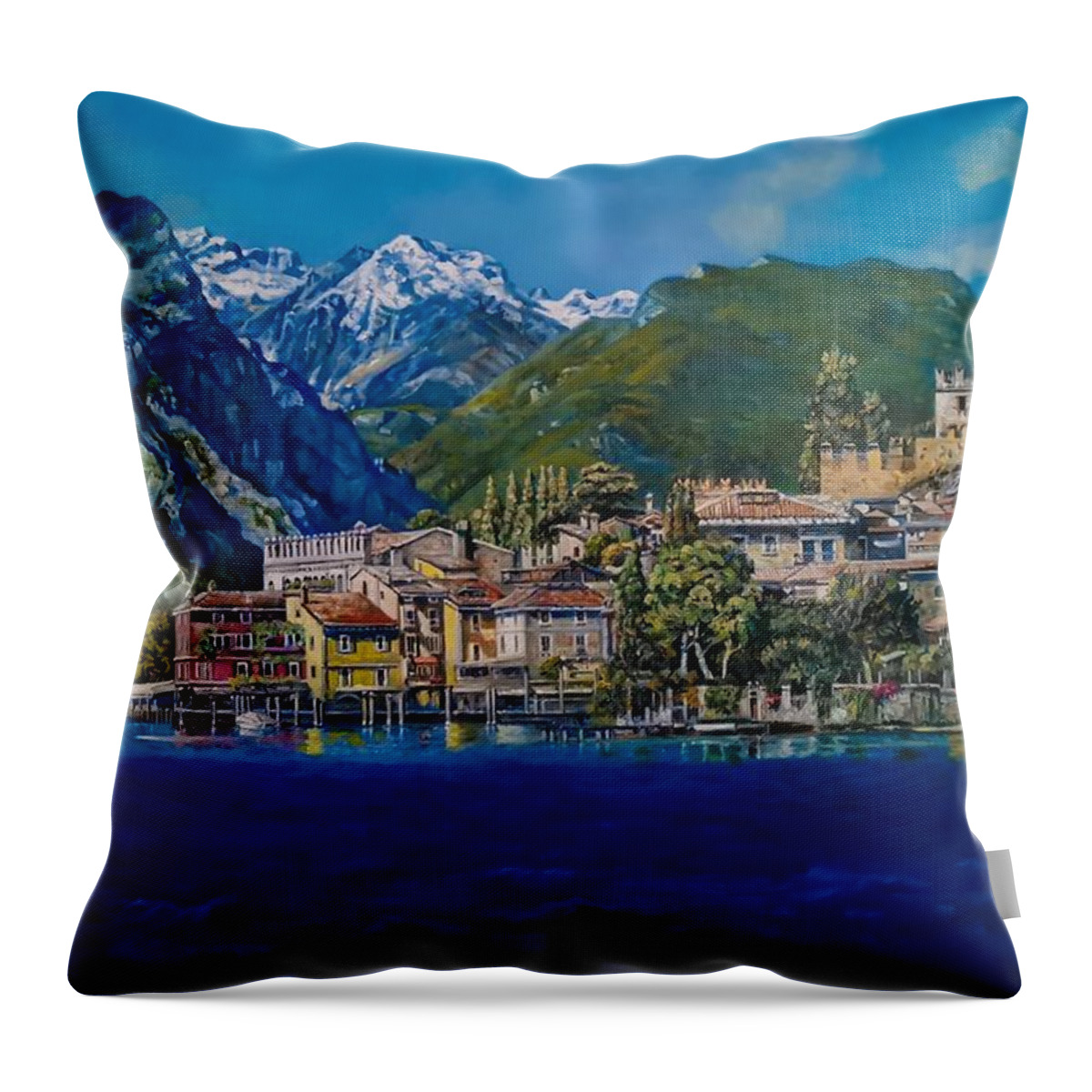Lakeside View Throw Pillow featuring the painting A colourful town by the lake by Raouf Oderuth