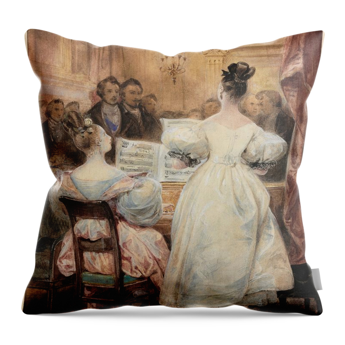 A Concert Laura Singing 1831 Eugène François Marie Joseph French 1805 To 1865 Throw Pillow featuring the painting A Concert Laura Singing 1831 Marie Joseph French 1805 to 1865 by MotionAge Designs