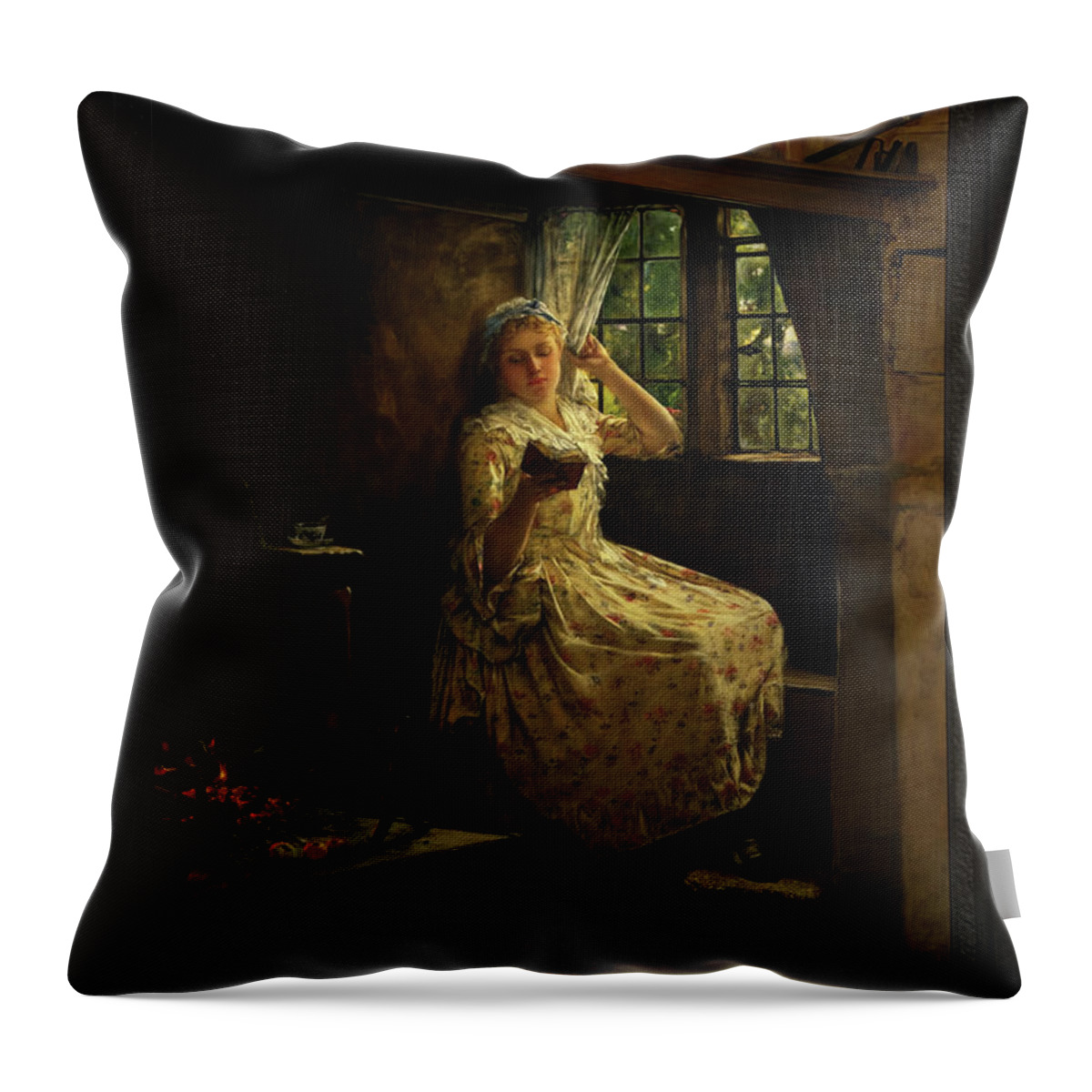 A Cosey Corner Throw Pillow featuring the painting A Cosey Corner by Frank Millet	 Classical Art Reproduction by Rolando Burbon