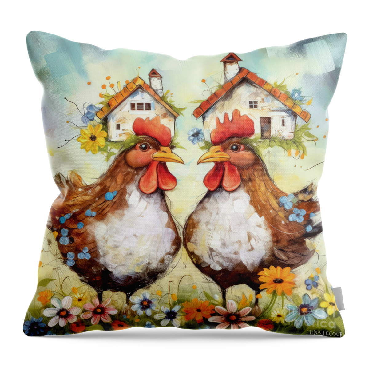 Chickens Throw Pillow featuring the painting A Couple Of Country Hens by Tina LeCour