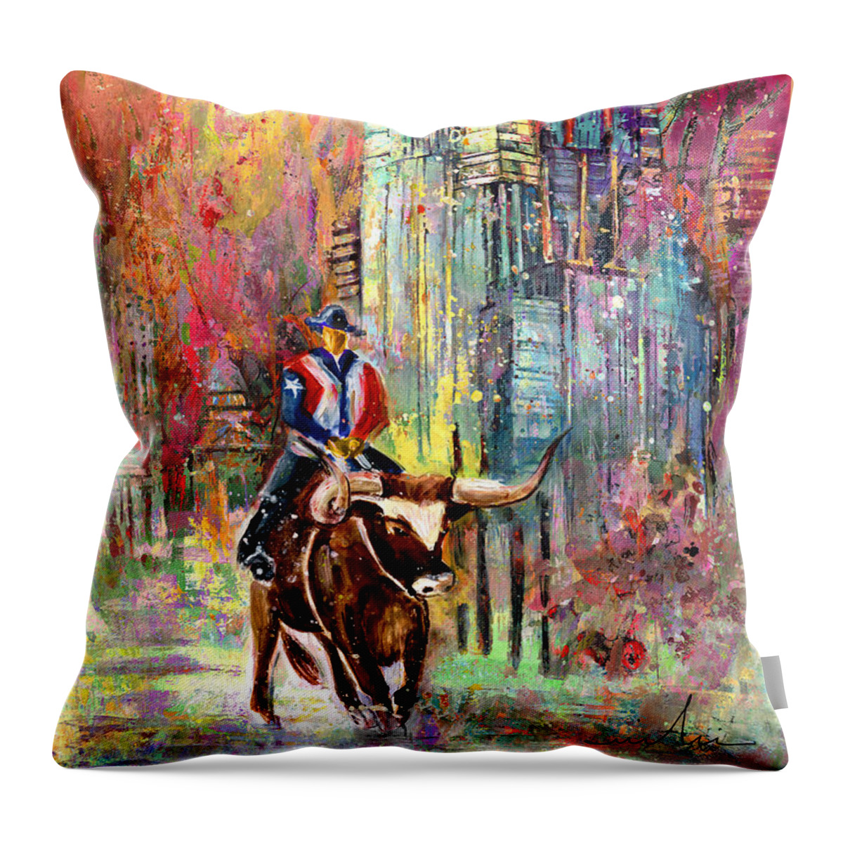 Travel Throw Pillow featuring the painting A CowBoy In Austin by Miki De Goodaboom