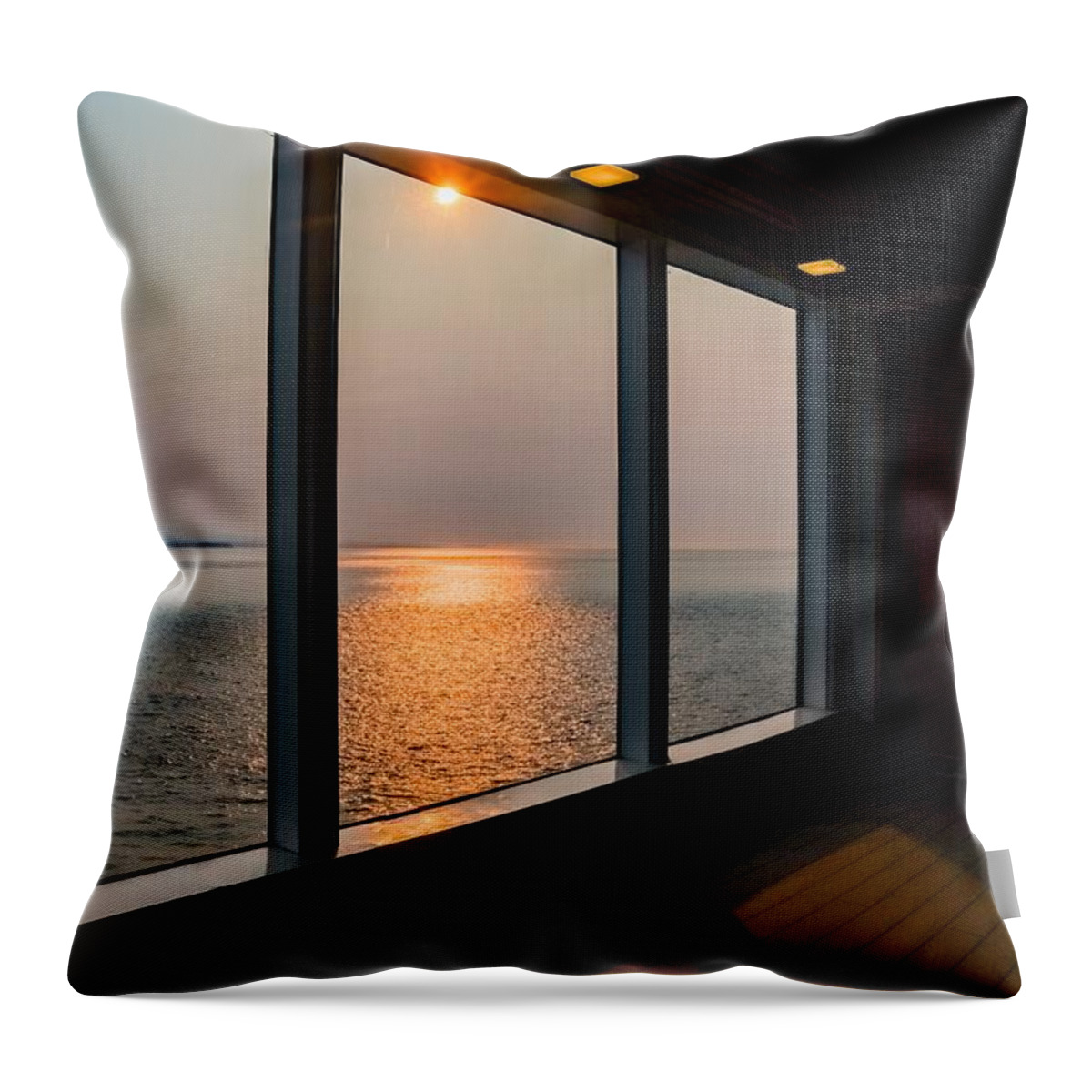 Ship Throw Pillow featuring the photograph A Cruise Ship Window Sunset by Ed Williams