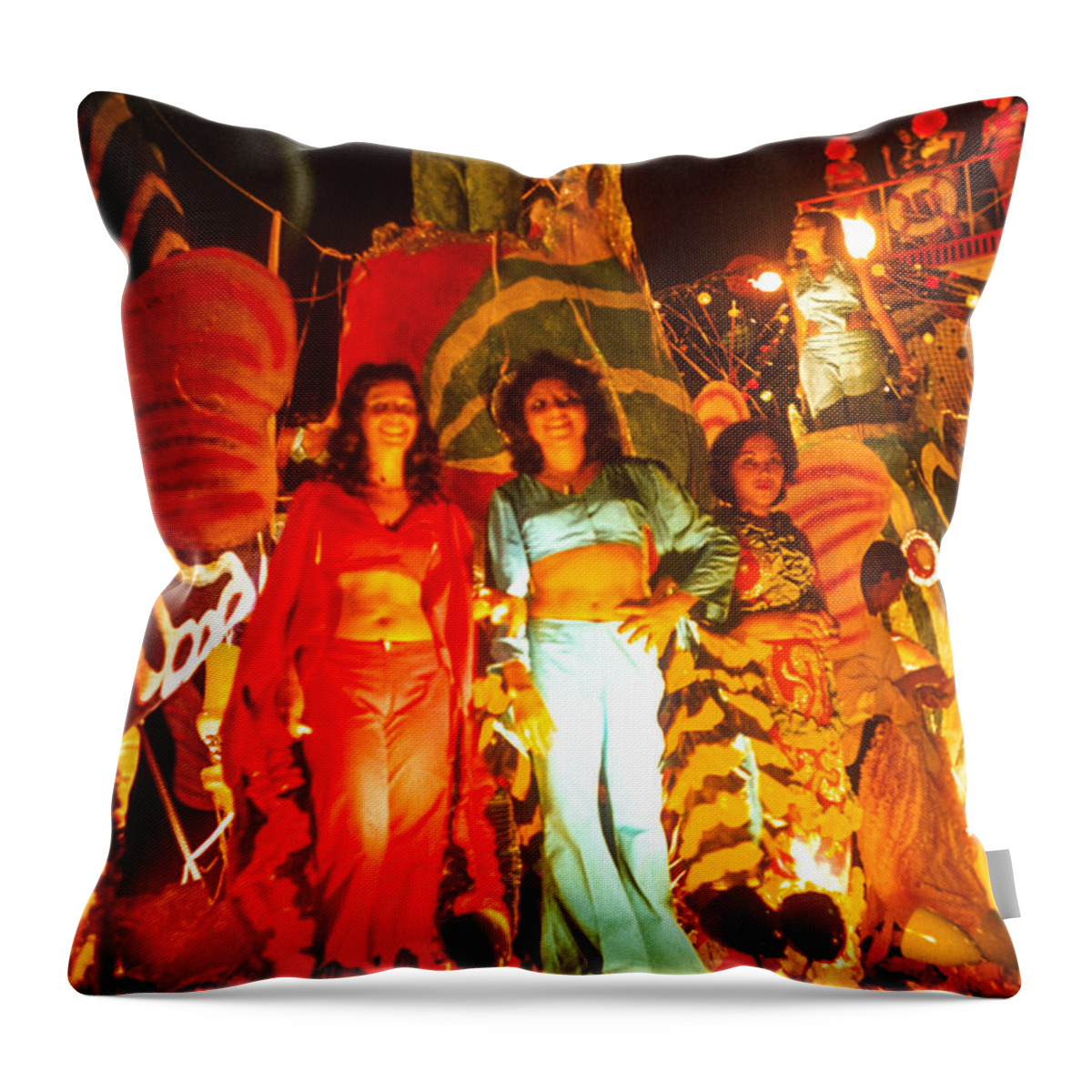 Cuba Carnaval 1971 Throw Pillow featuring the mixed media A Cuban beauty dances and sings at the 1970 Havana Carnival. by Elena Gantchikova