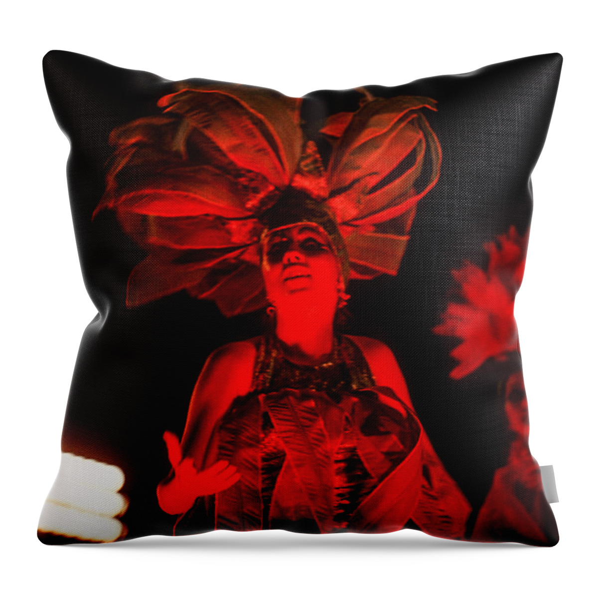 #soscuba Throw Pillow featuring the mixed media A Cuban beauty dances and sings at the 1970 Havana Carnival. Red on a black background. by Elena Gantchikova