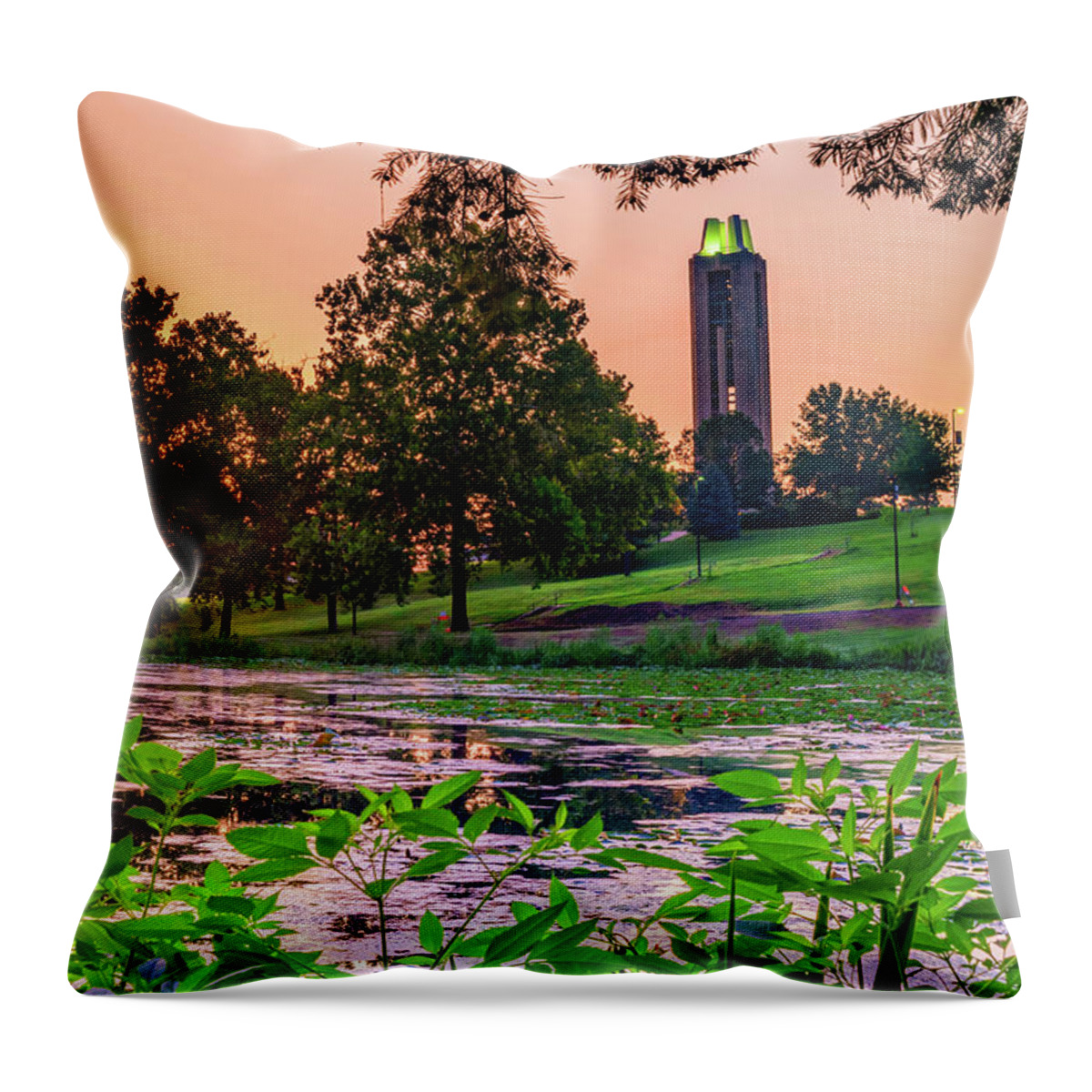 Lawrence Kansas Throw Pillow featuring the photograph A Dawn Tribute - Memorial Campanile at Sunrise In Lawrence Kansas by Gregory Ballos