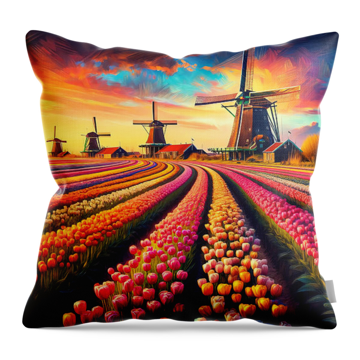 Dutch Throw Pillow featuring the painting A Dutch tulip field, with windmills and a vibrant sunset sky. by Jeff Creation