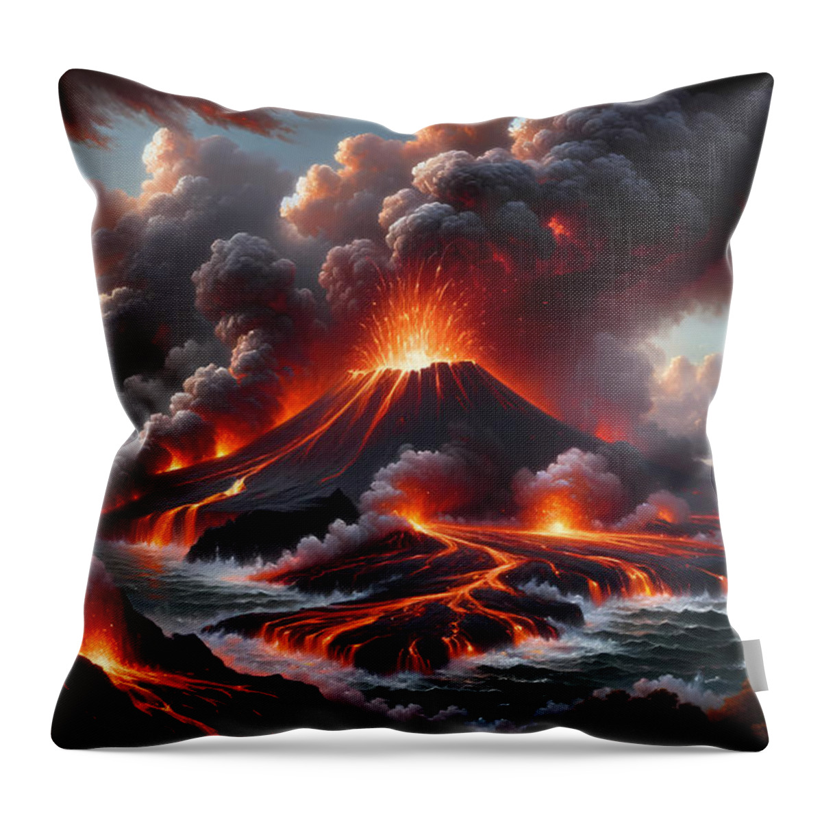 Volcano Throw Pillow featuring the painting A fiery volcano erupting on a remote island with lava flowing into the sea by Jeff Creation