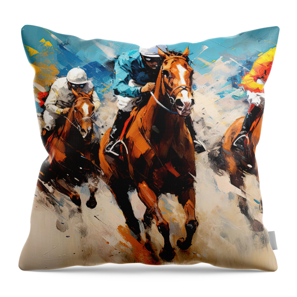 Horse Racing Throw Pillow featuring the painting A Flash of Fire by Lourry Legarde