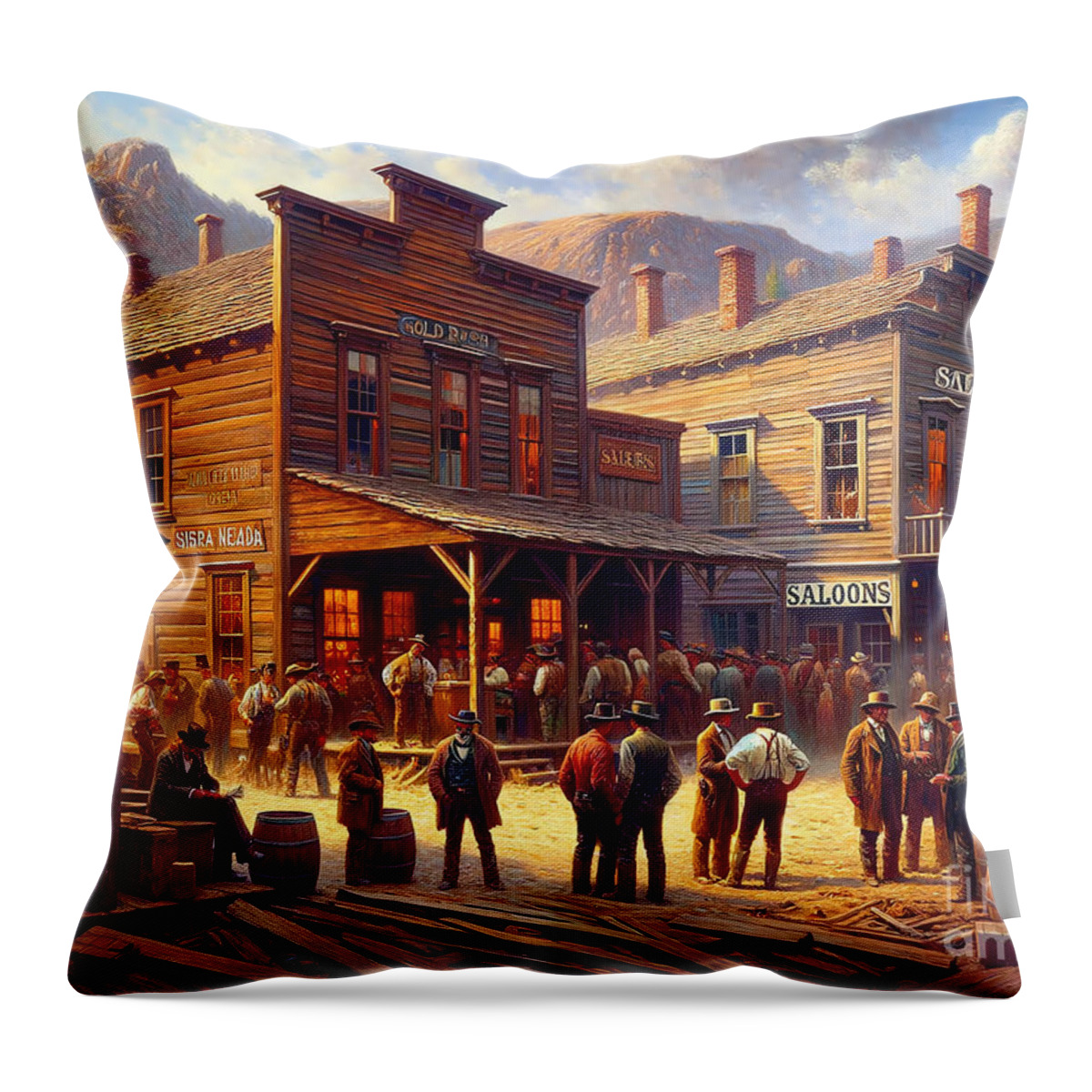 Gold Rush Throw Pillow featuring the painting A gold rush town in the Sierra Nevada, with miners and saloons. by Jeff Creation