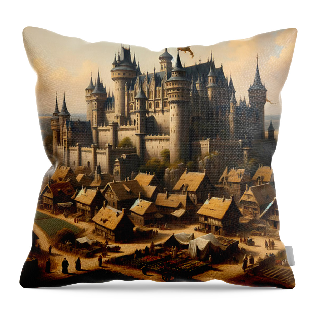 Grand Throw Pillow featuring the painting A grand castle perched on a hilltop overlooking a medieval village by Jeff Creation