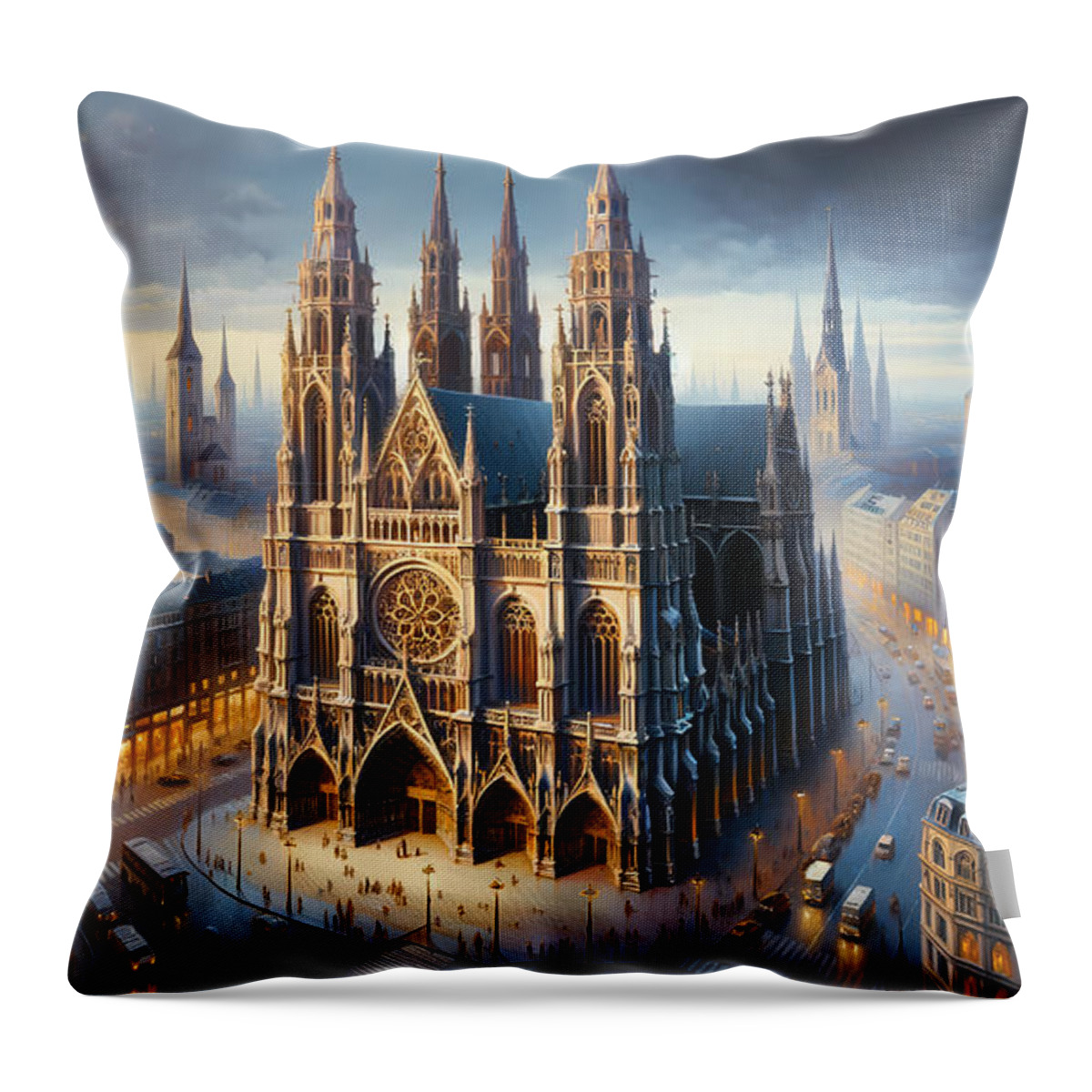 Grandiose Throw Pillow featuring the painting A grandiose Gothic cathedral in an urban setting by Jeff Creation