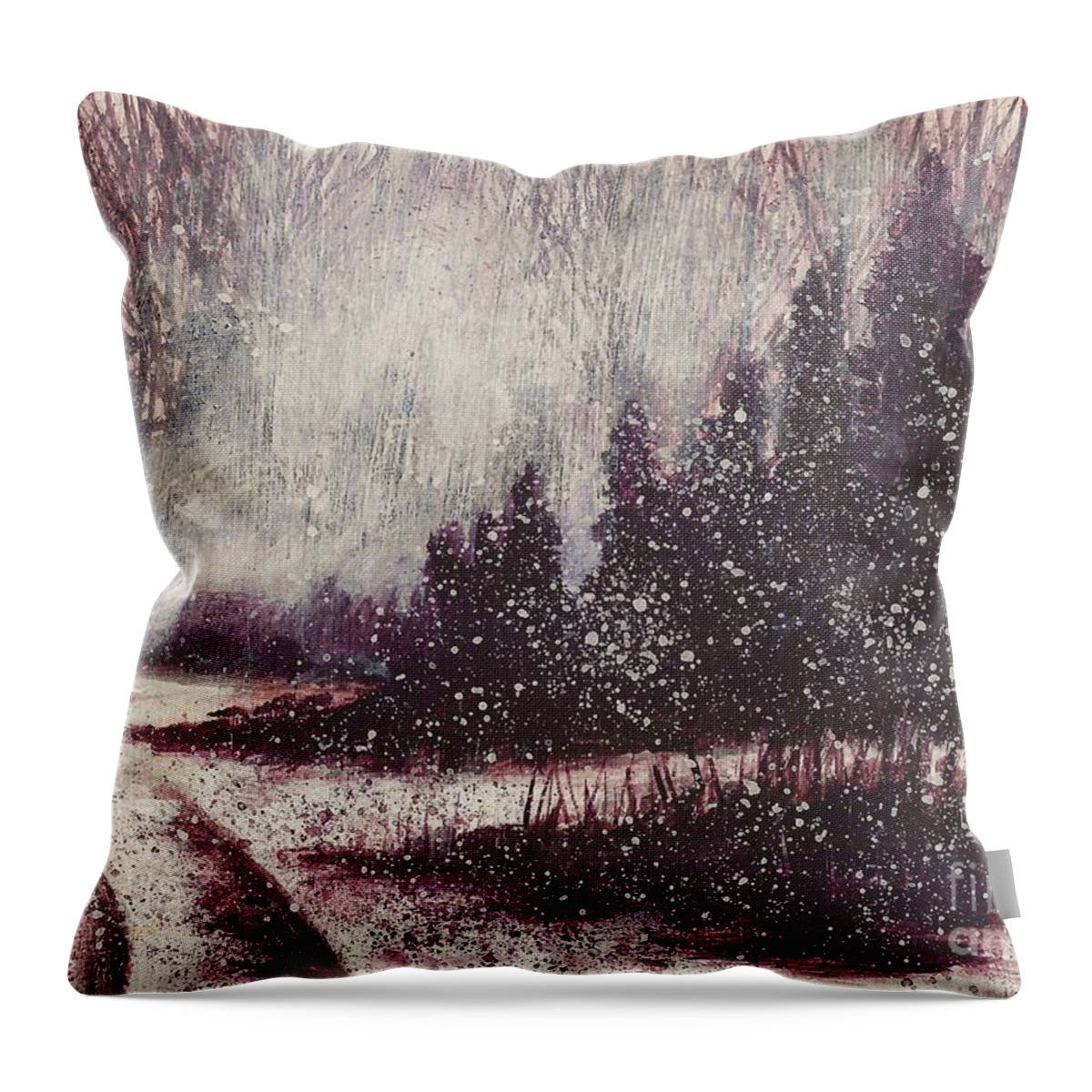 #snow #boulder #colorago #foggy #snowscenes #allisonconstantino #landscape #snow #foggy #foggylandscape Throw Pillow featuring the painting A Hazy Shade of Winter by Allison Constantino