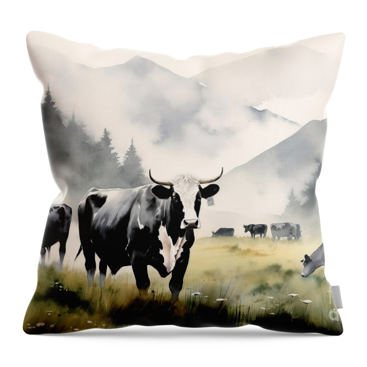 Generative Throw Pillow featuring the painting A Herd Of Black And White Cows In A Meadow In The Mountains Wate by N Akkash