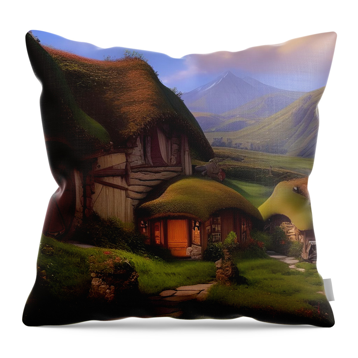 Hobbits Throw Pillow featuring the digital art A Hobbits Home by Angela Hobbs