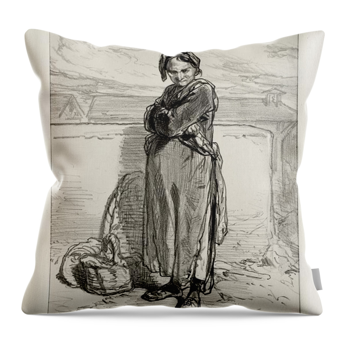 A La Halle Date Unknown Paul Gavarni French 1804 To 1866 Throw Pillow featuring the painting A la Halle Date unknown Paul Gavarni French 1804 to 1866 by MotionAge Designs