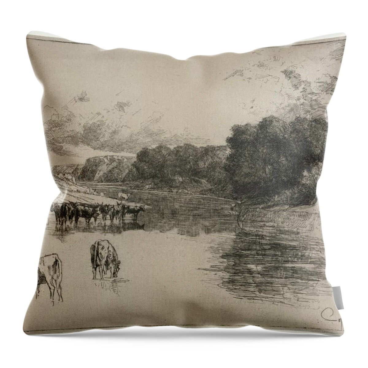 A Lancashire River 1881 Francis Seymour Haden British 1818 To 1910 Throw Pillow featuring the painting A Lancashire River 1881 Francis Seymour Haden British 1818 to 1910 by MotionAge Designs