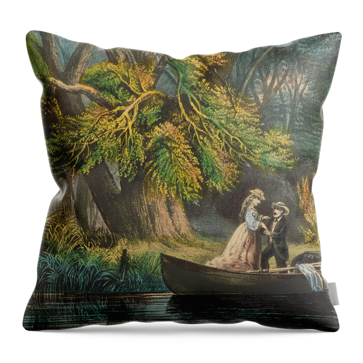 Landing Throw Pillow featuring the drawing A landing in the woods by Mango Art