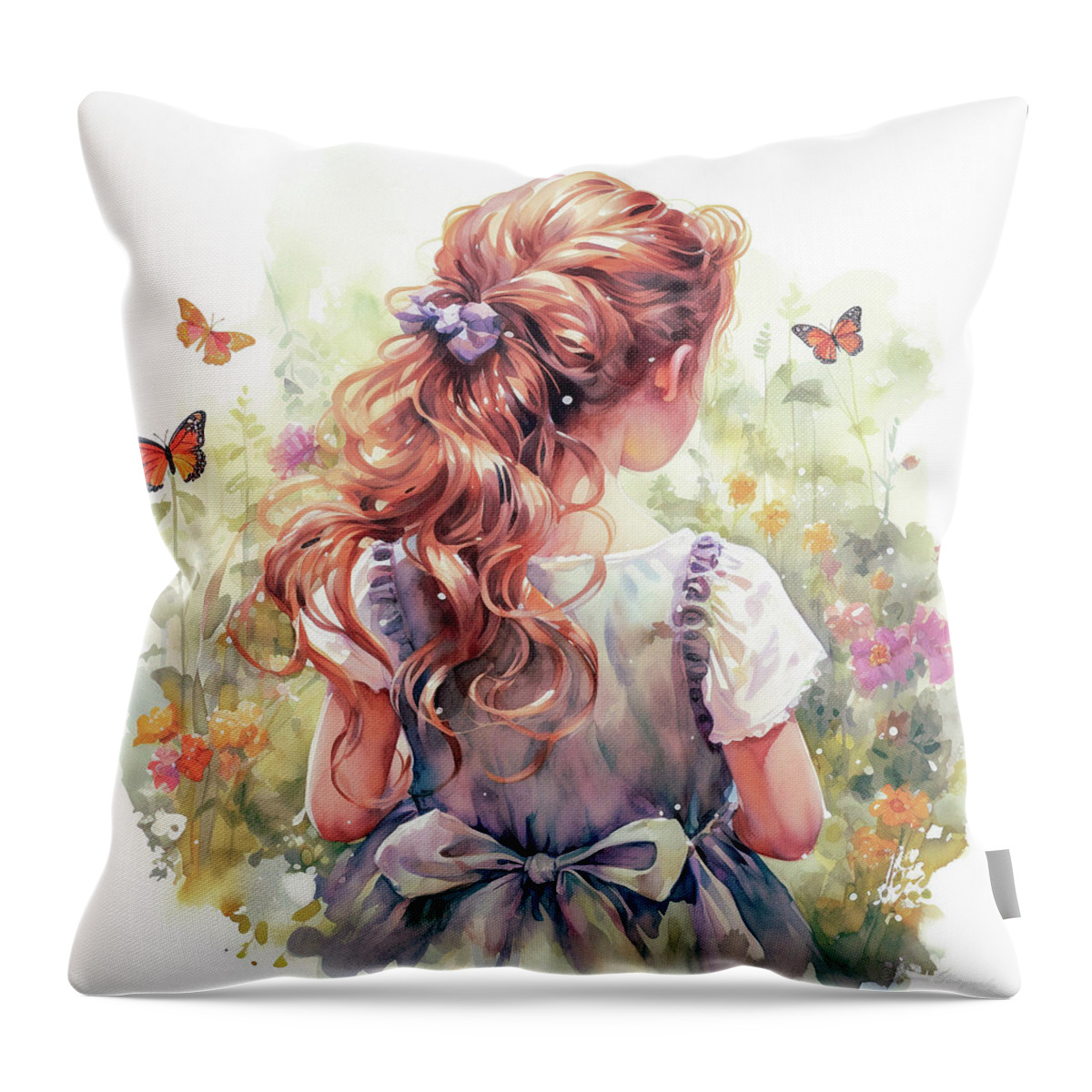 Watercolor Throw Pillow featuring the photograph A Little Girl and Her Butterflies by Debra Forand