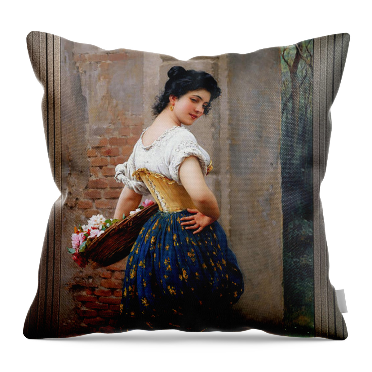 A Maiden With A Basket Of Roses Throw Pillow featuring the painting A Maiden With A Basket Of Roses by Eugen von Blaas Remastered Xzendor7 Classical Art Reproduction by Xzendor7