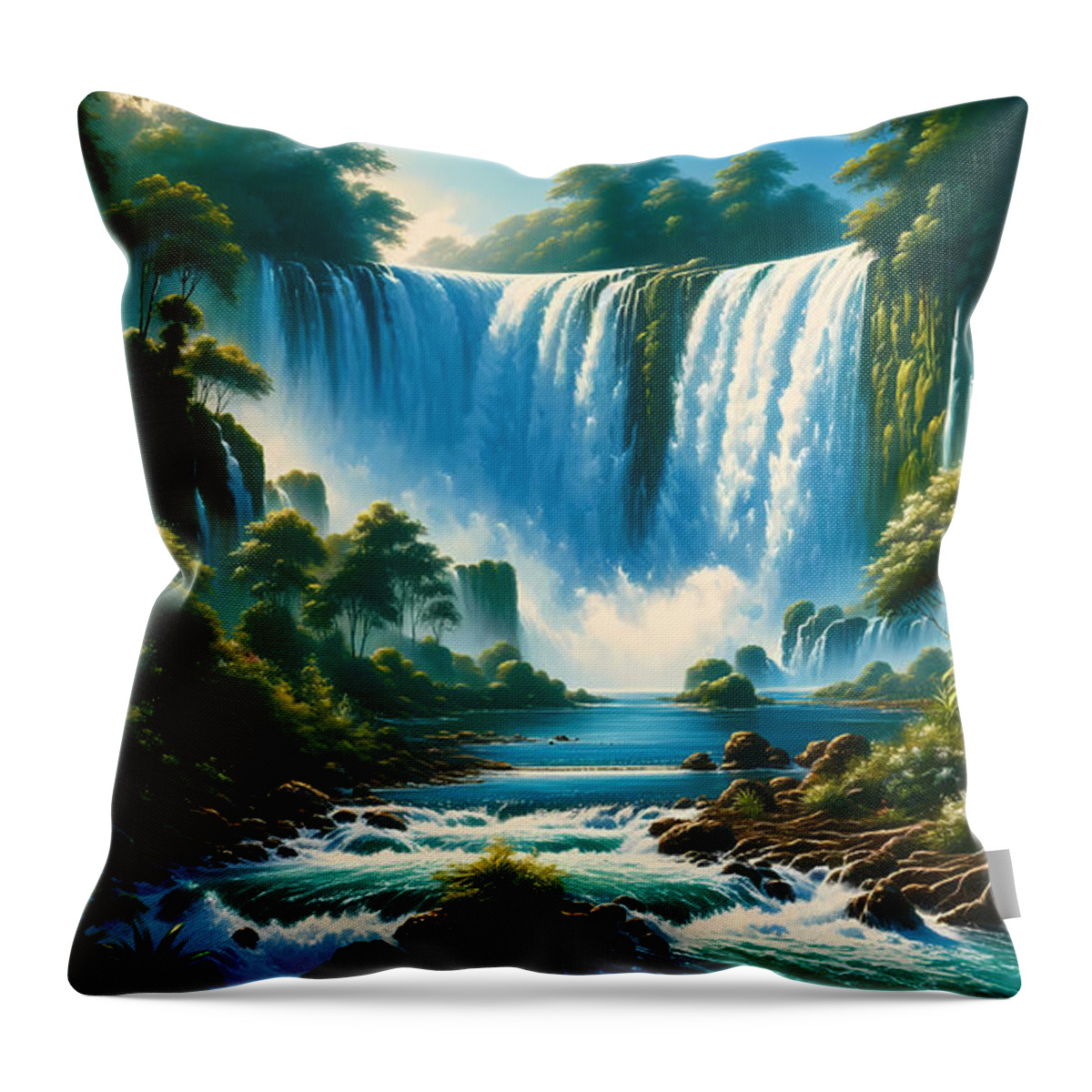 Waterfall Throw Pillow featuring the painting A majestic waterfall cascading into a crystal-clear lagoon surrounded by lush greenery by Jeff Creation