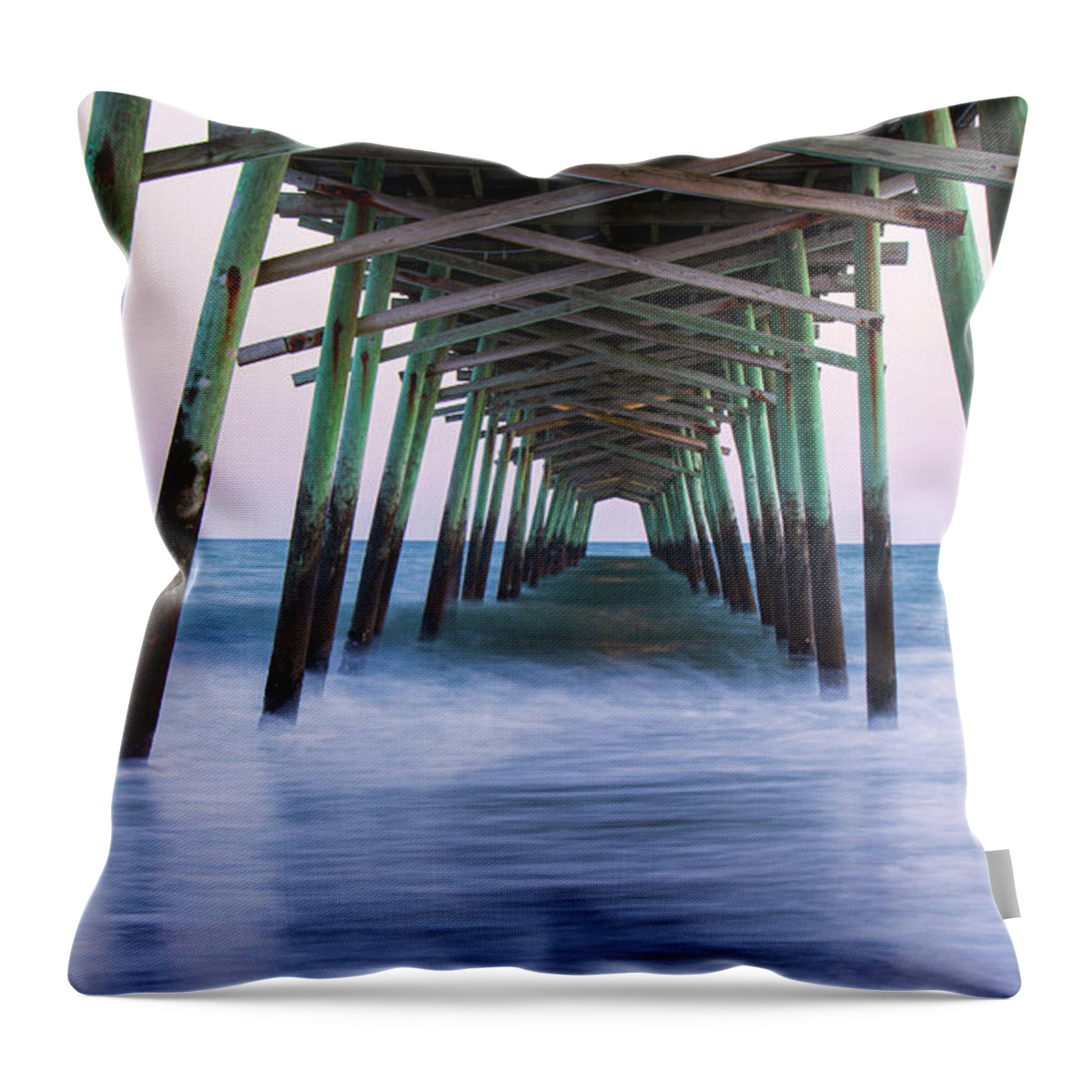Bogue Inlet Pier Throw Pillow featuring the photograph A March Sunset at Bogue Inlet Pier - Emerald Isle North Carolina by Bob Decker