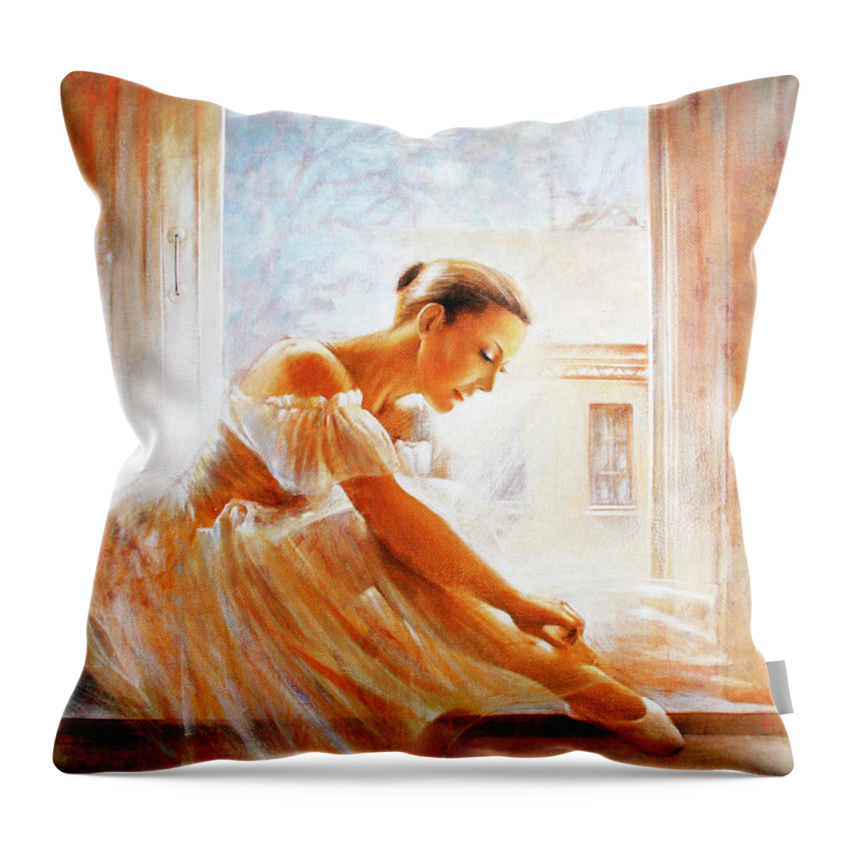 Ballerina Throw Pillow featuring the painting A new day Ballerina dance by Vali Irina Ciobanu
