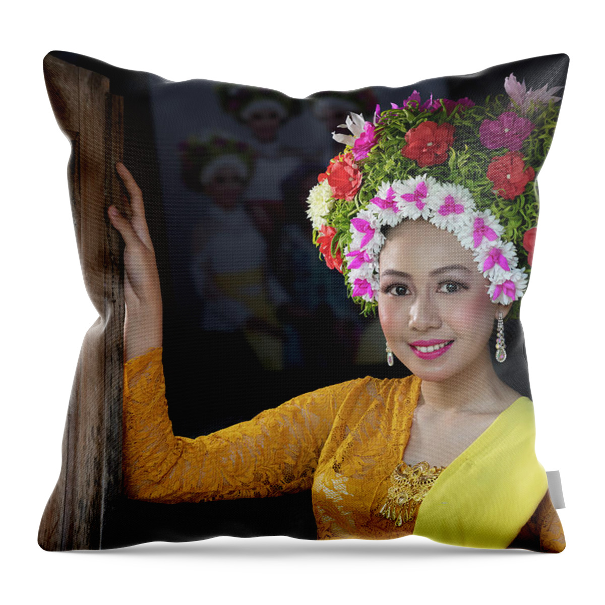 Girl Throw Pillow featuring the photograph A Ngarot girl in the dooropening by Anges Van der Logt
