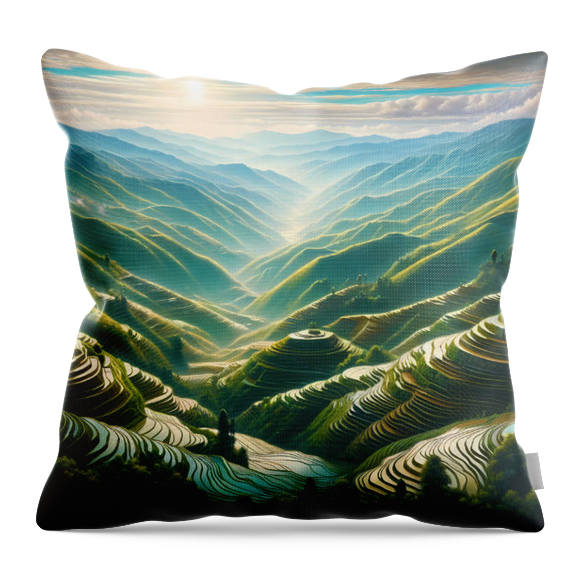 Panoramic Throw Pillow featuring the painting A panoramic view of terraced rice fields in the mountains by Jeff Creation