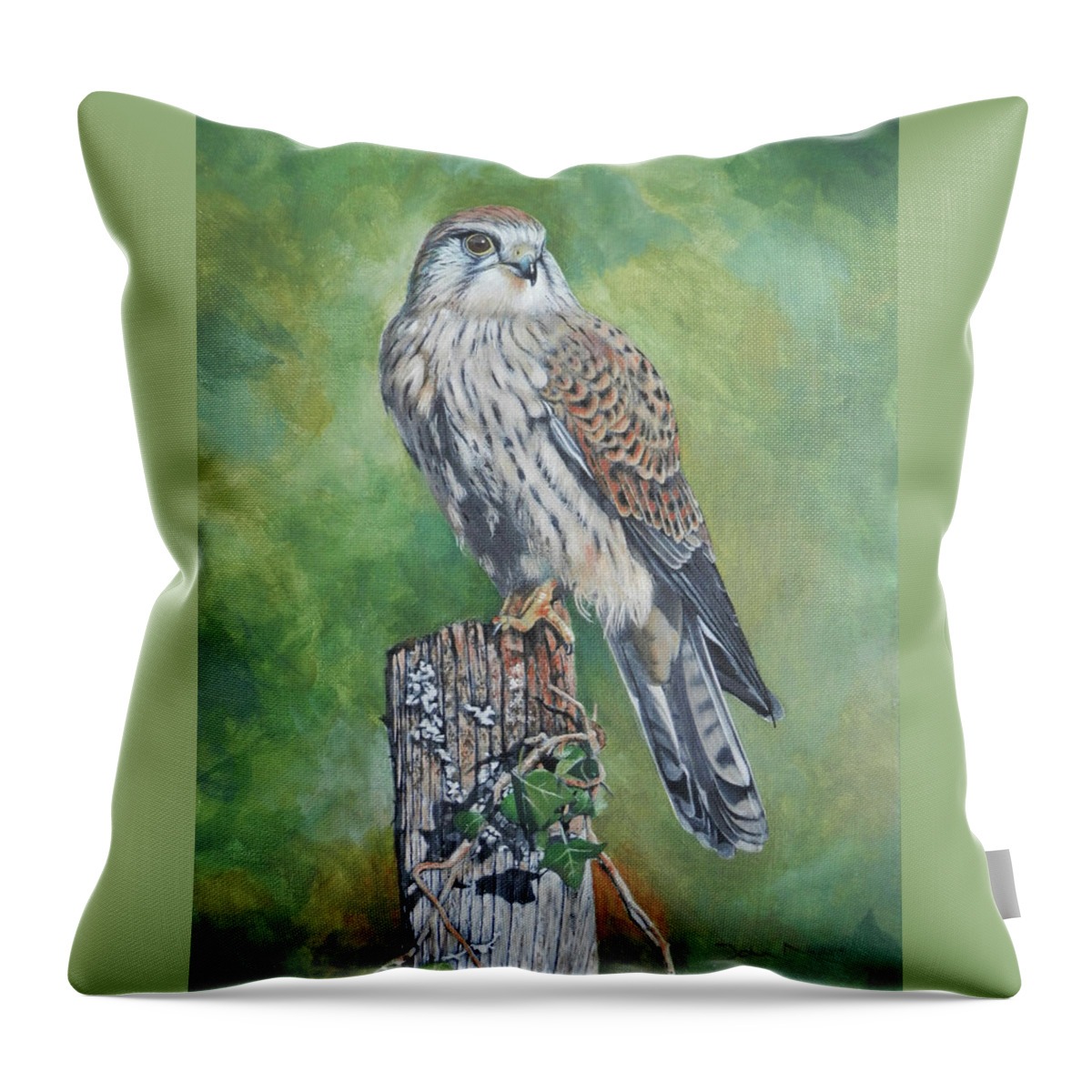 Kestrel Throw Pillow featuring the painting A Perched Kestrel by John Neeve