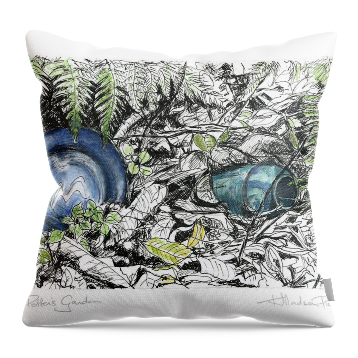 Fine Art Throw Pillow featuring the drawing A Potters Garden - Section 02 by Kerryn Madsen- Pietsch