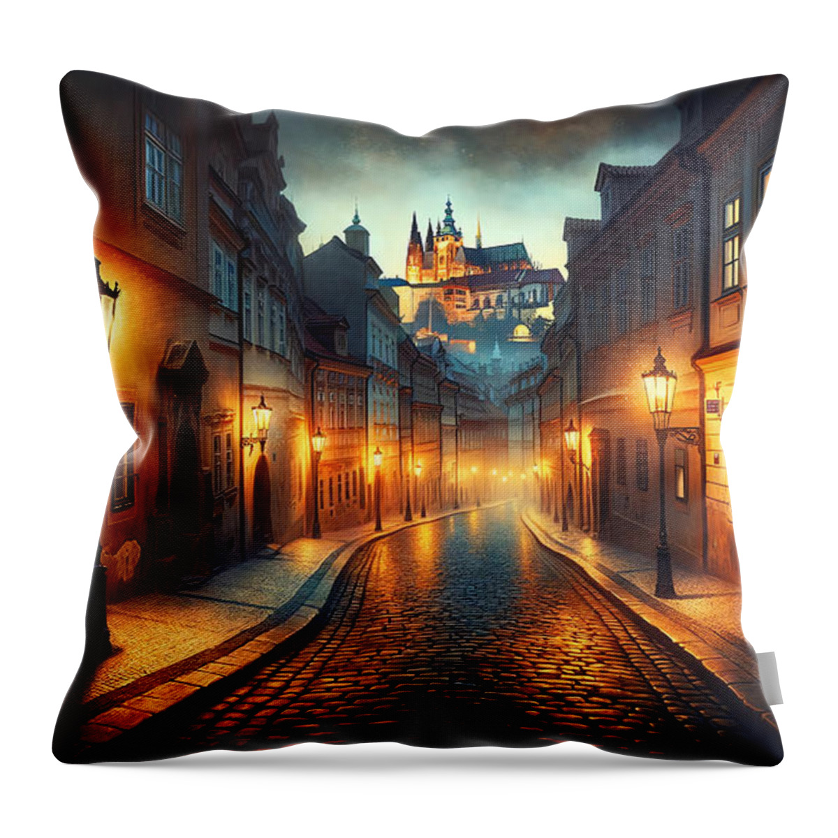 Prague Throw Pillow featuring the painting A quiet cobblestone street in Prague, with gas lights and the silhouette of the castle in the distan by Jeff Creation