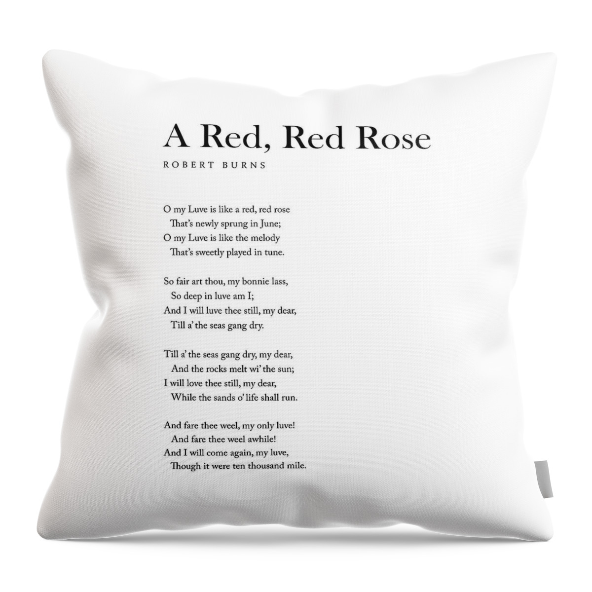 A Red Throw Pillow featuring the digital art A Red, Red Rose - Robert Burns Poem - Literature - Typography Print 2 by Studio Grafiikka