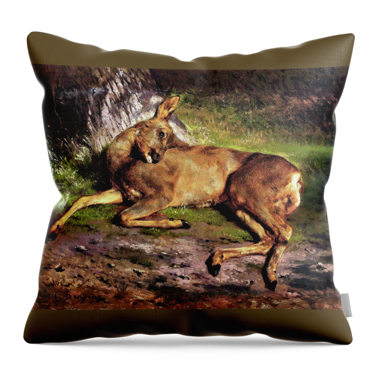 A Roe Deer In The Forest Throw Pillow featuring the painting A roe deer in the forest - Digital Remastered Edition by Rosa Bonheur