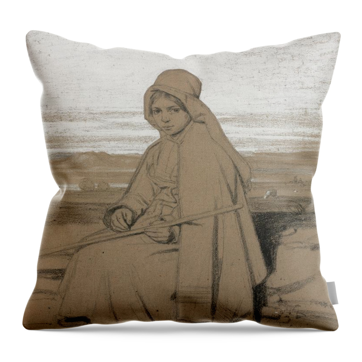 A Seated Shepherdess 1800s Jules Dupre French 1811 To 1889 Throw Pillow featuring the painting A Seated Shepherdess 1800s Jules Dupre French 1811 to 1889 by MotionAge Designs