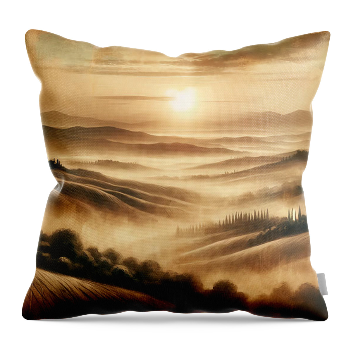 Tuscany Throw Pillow featuring the painting A serene sunrise over the misty hills of Tuscany, with a vintage sepia tone. by Jeff Creation