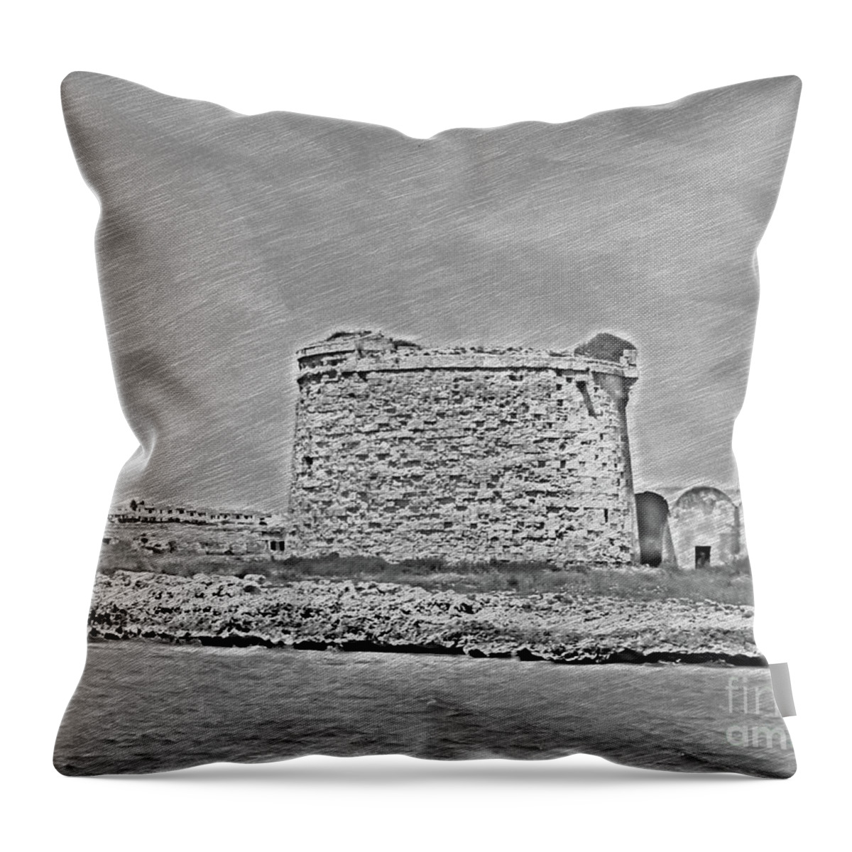 Monochrome Throw Pillow featuring the photograph A sketch effect of a fort in Menorca Spain by Pics By Tony
