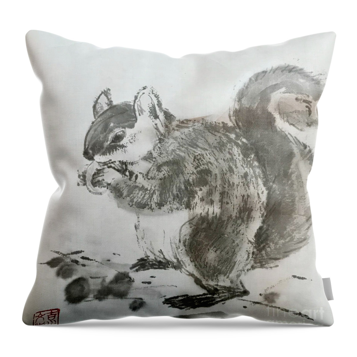 Japanese Throw Pillow featuring the painting A Squirrel by Fumiyo Yoshikawa
