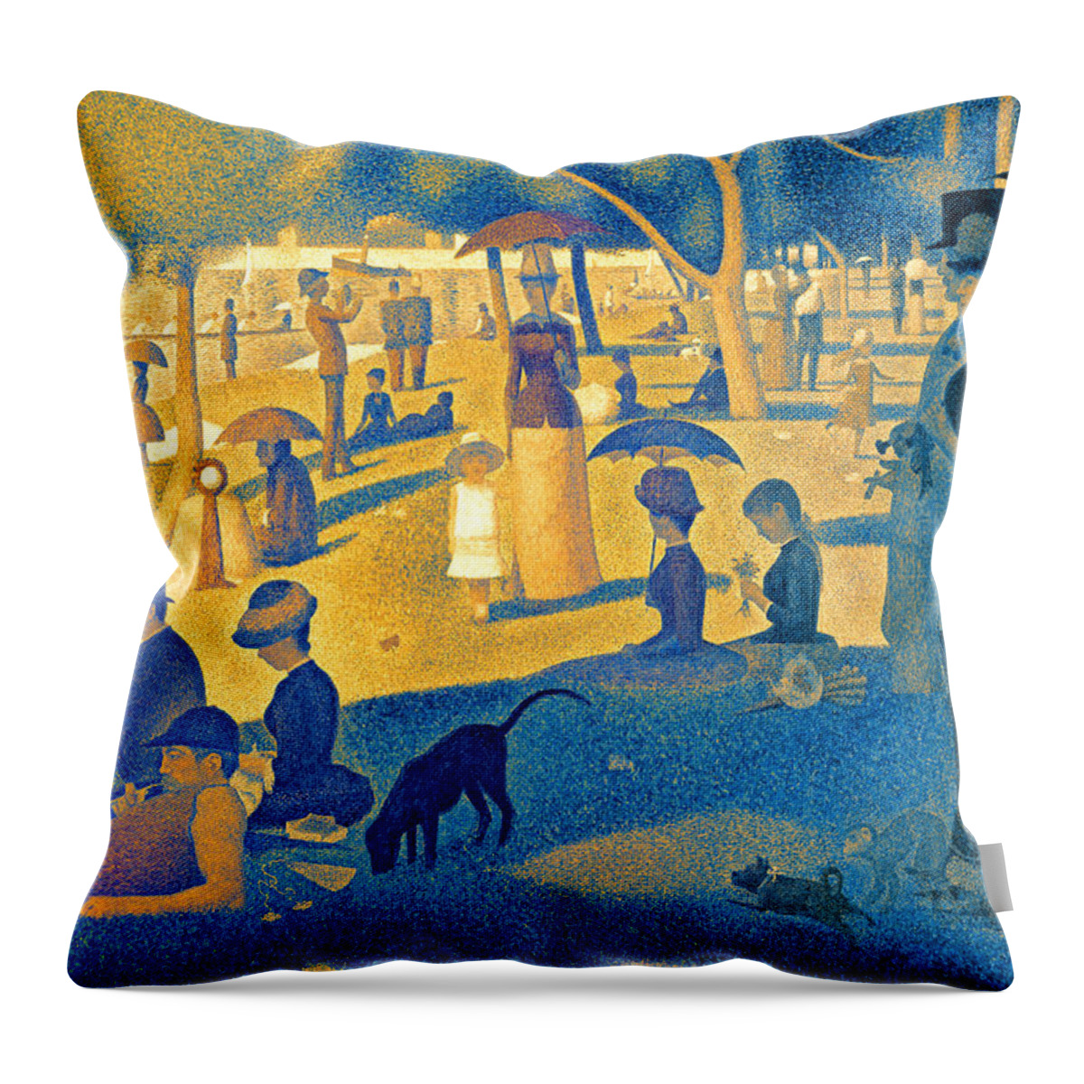 A Sunday Afternoon On The Island Of La Grande Jatte Throw Pillow featuring the digital art A Sunday Afternoon on the Island of La Grande Jatte - digital recreation in blue and orange by Nicko Prints