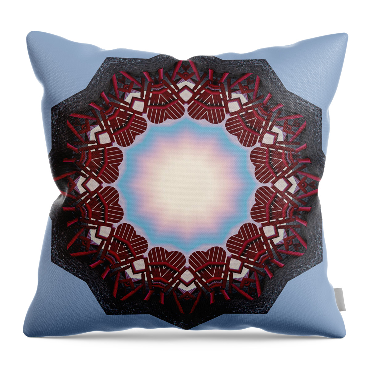 Red Throw Pillow featuring the photograph A Superior View - heart-like kaleidoscope view of red chairs at Lutsen Resort MN by Peter Herman