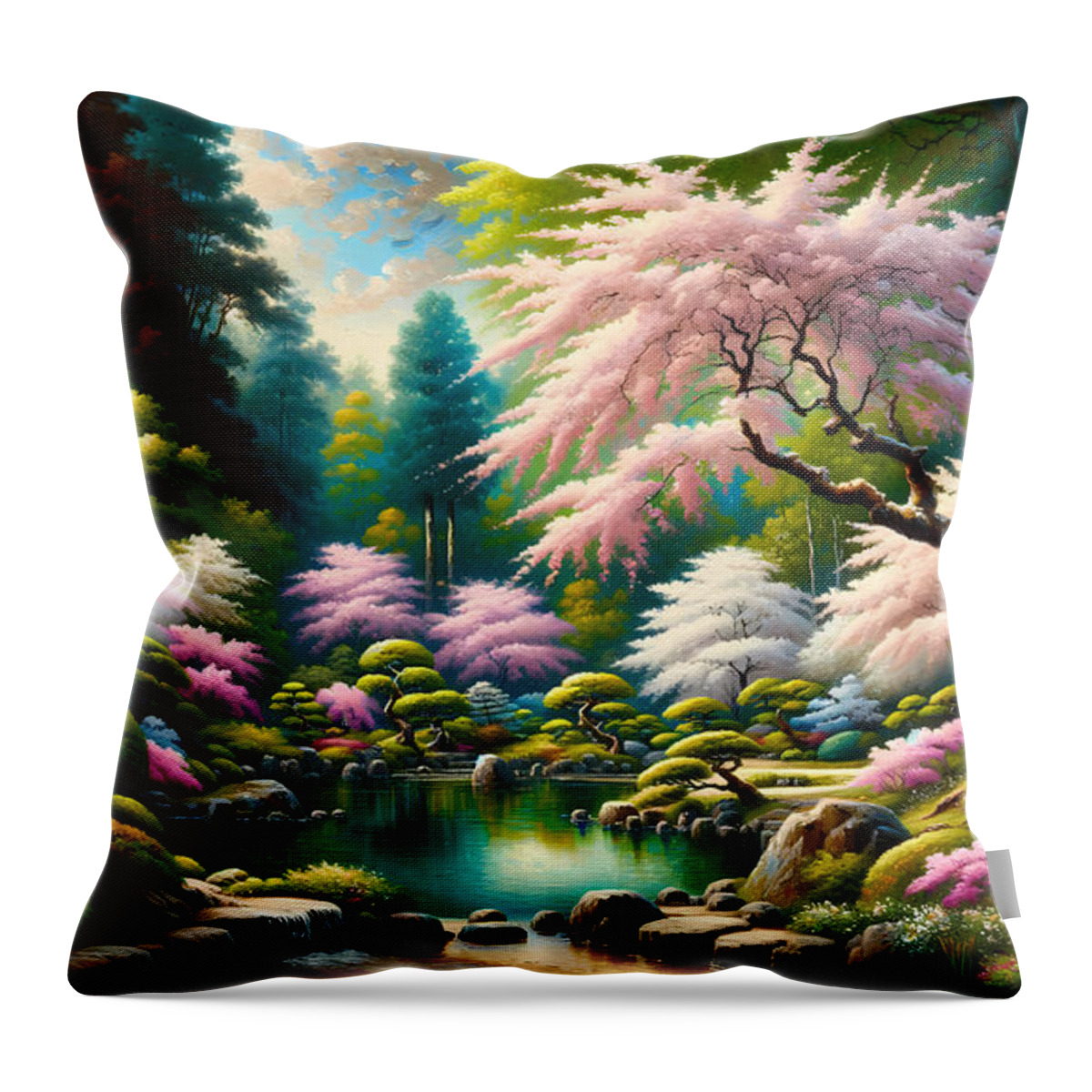 Cherry Throw Pillow featuring the painting A traditional Japanese garden with cherry blossoms in full bloom by Jeff Creation