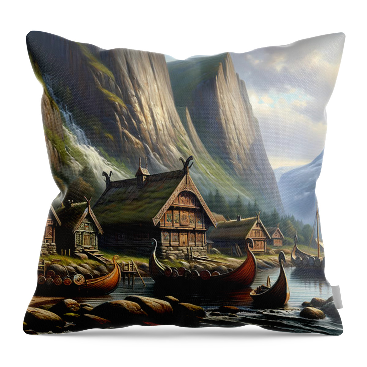 Norse Throw Pillow featuring the painting A traditional Norse village with Viking longboats and fjord cliffs by Jeff Creation