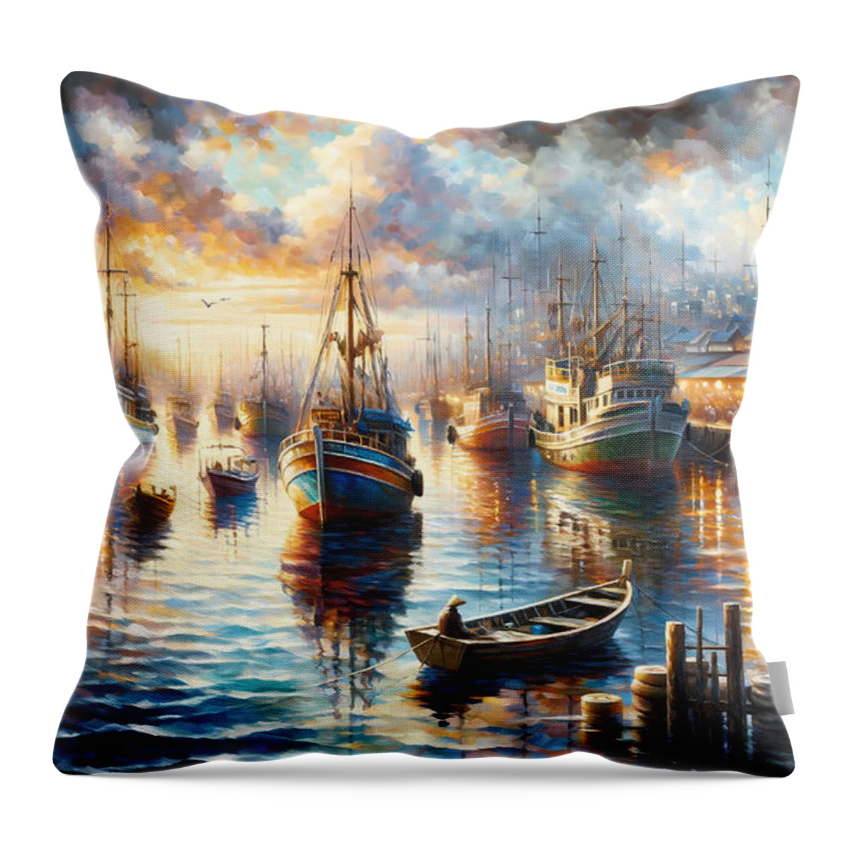 Vibrant Throw Pillow featuring the painting A vibrant bustling harbor with boats and reflections in the water by Jeff Creation