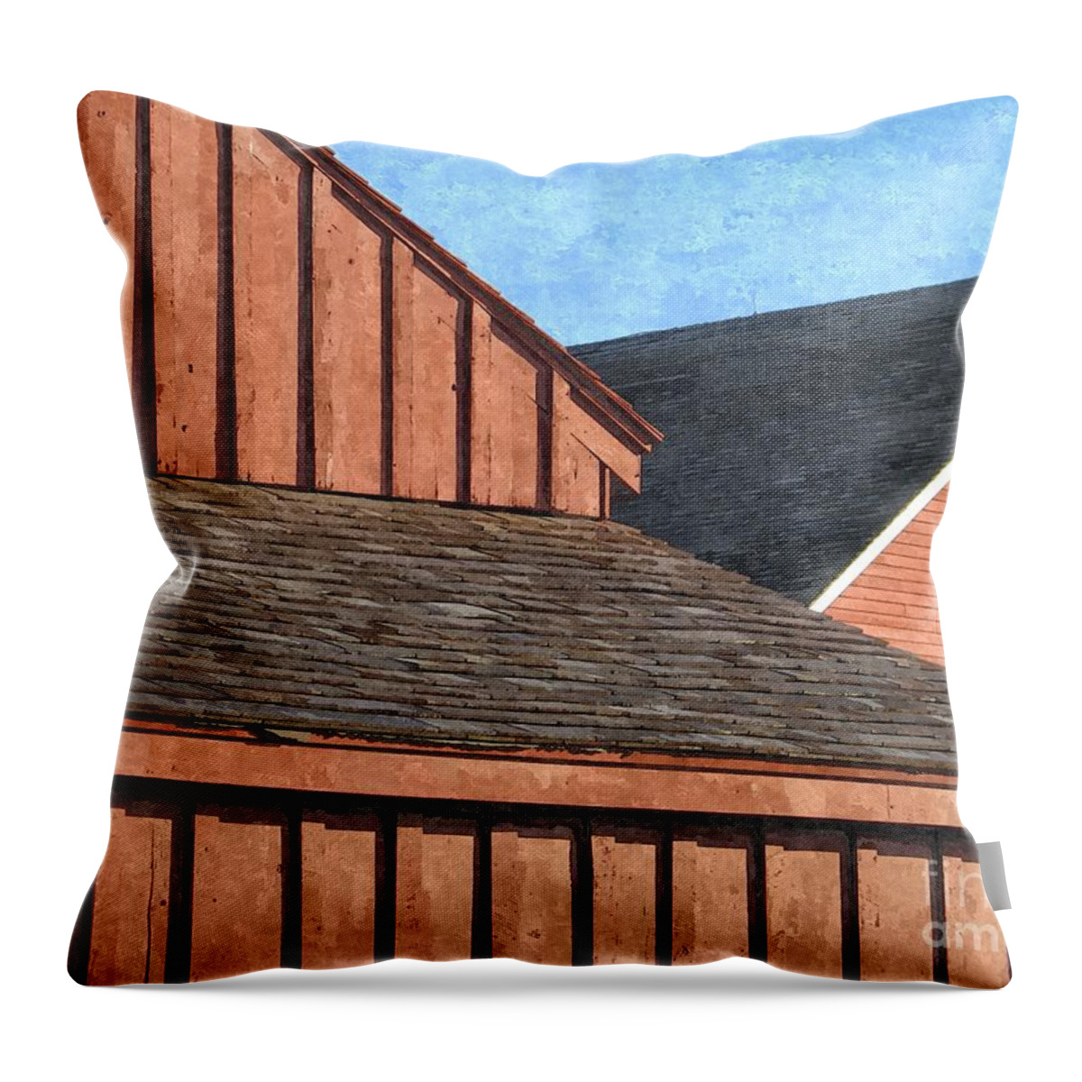 Red Throw Pillow featuring the photograph A view of red farm buildings forms geometric shapes by William Kuta