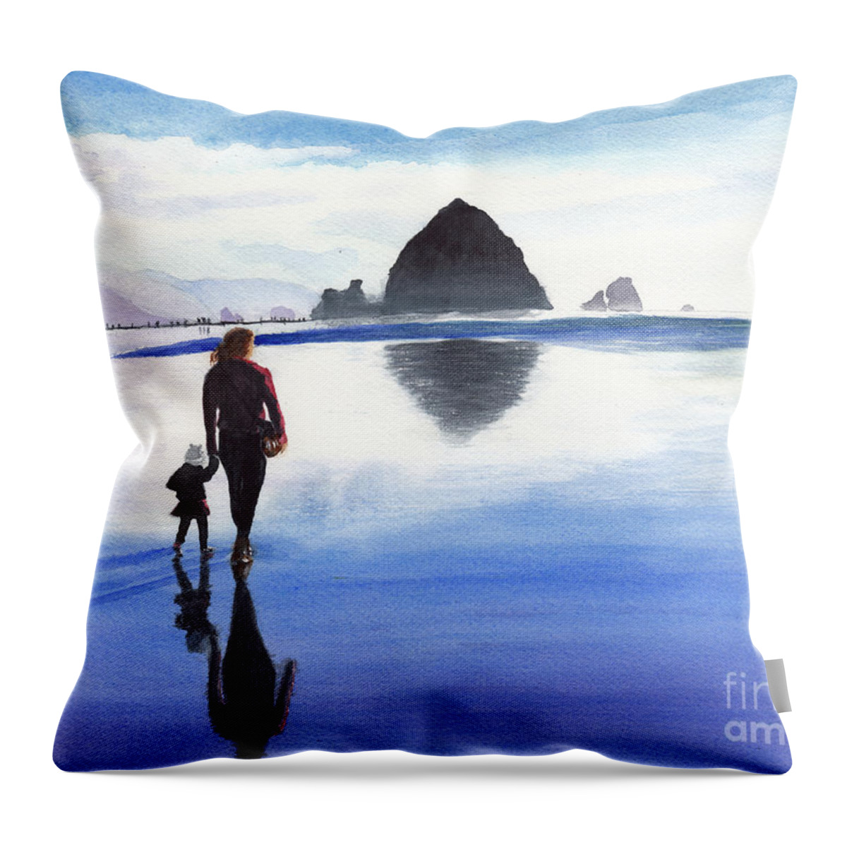 Woman And Girl Walking On Beach Throw Pillow featuring the painting A Watery Walk to Haystack Rock, Oregon by Conni Schaftenaar