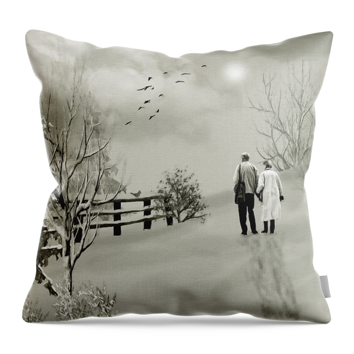 Winter Throw Pillow featuring the mixed media A Winter Walk With Your Love B W by David Dehner