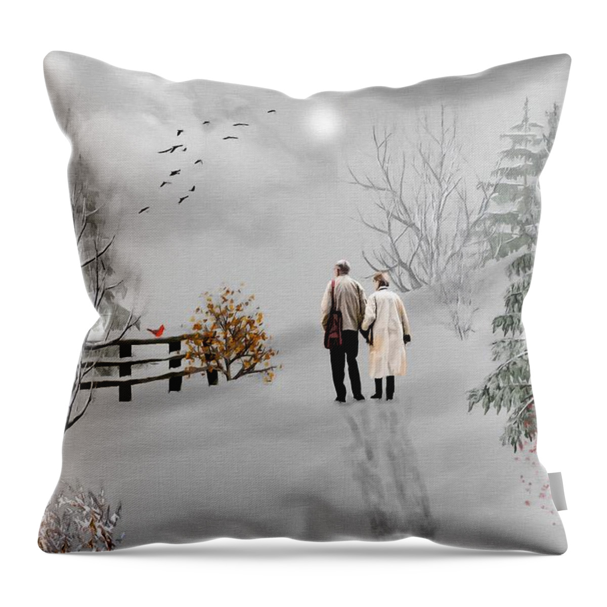 A Winter Walk Throw Pillow featuring the mixed media A Winter Walk With Your Love Color by David Dehner