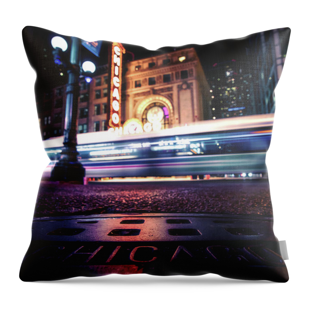 Chicago Throw Pillow featuring the photograph A ZOOMING bus by the Chicago Theater #1 by Jay Smith