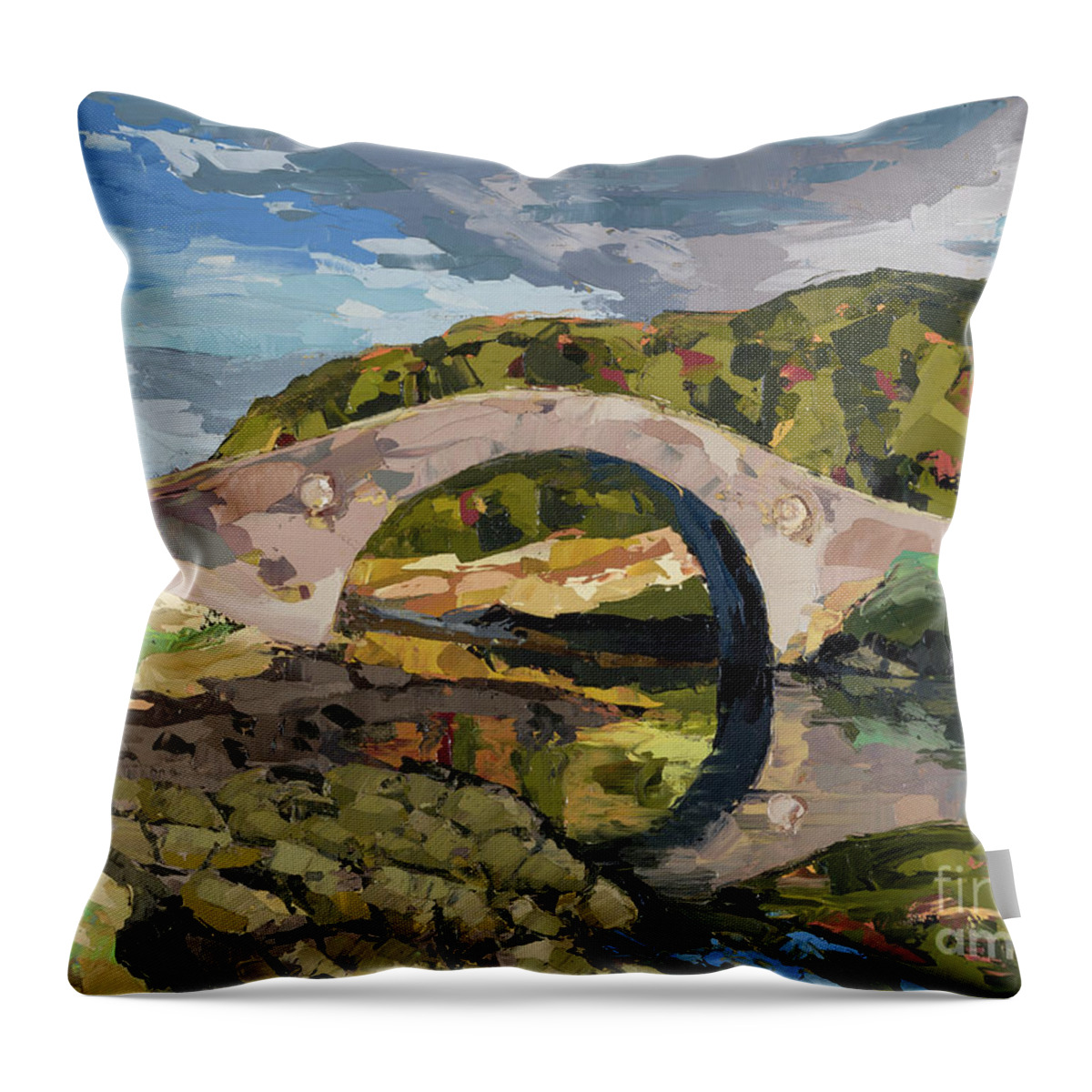 Scotland Throw Pillow featuring the painting Abandoned Bridge, 2015 by PJ Kirk