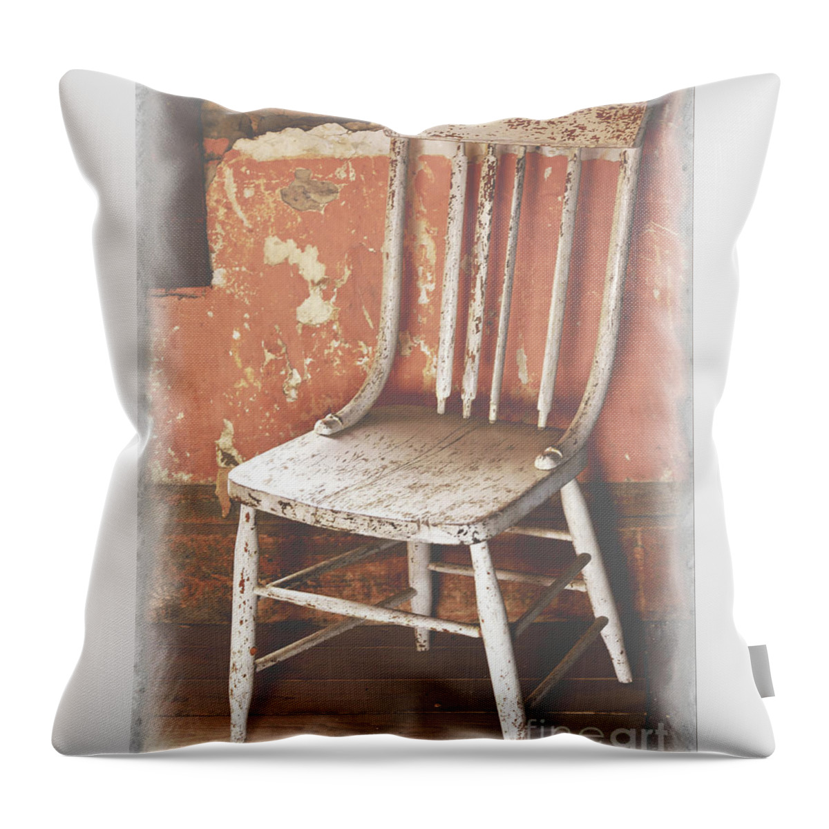 Chair Throw Pillow featuring the mixed media Abandoned Chair, Remnant Wall by Kae Cheatham